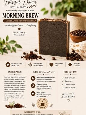 Morning Brew Coffee Soap | Handcrafted 140g, Free Soap Dish w/purchase of 3 bars